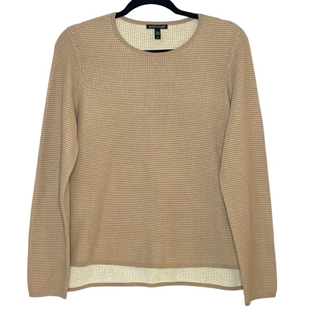 Eileen Fisher Tan Long Sleeve Textured Silk Organic Cotton Sweater Size Small